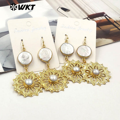 WT-MPE150 Hot Sales Beautiful Fashion Women Earrings With Natural Freshwater Pearl 18K Gold Plated Exquisite Ladies Jewelry