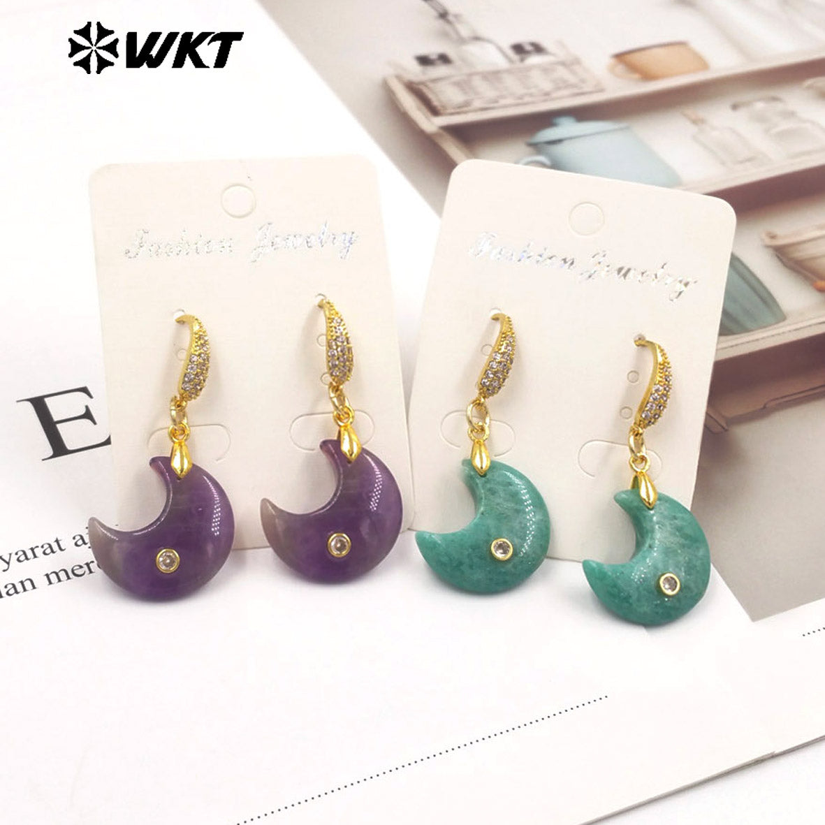 WT-E816 Lovely Style Zircon And Natural Gemstones Moon Shape Little Gold Pendant Earrings As Lady Daily Decorative Jewelry