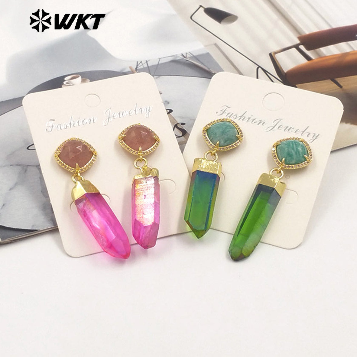 WT-E774 Explosive Models Small Zircon Round Aura Quartz and Gemstone 18K Gold Plated Long Earrings for Women As Anniversary Gift