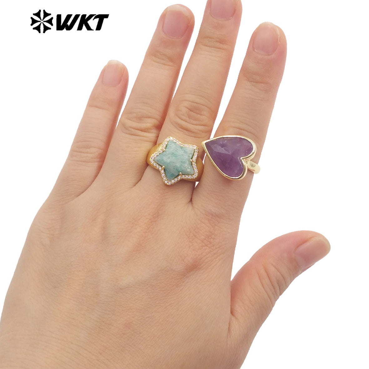 WT-R559 New Romantic 18K Gold Plated Heart Shape Natural Gemstone Adjustable Couple Ring for Girlfriend As Valentine's Day Gift