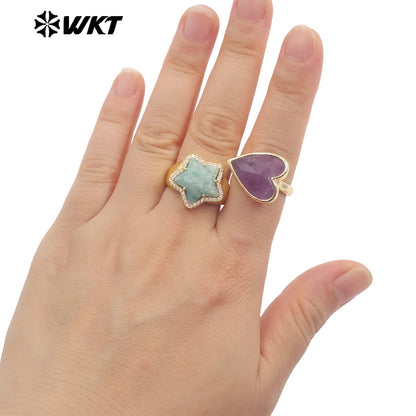 WT-R559 New Romantic 18K Gold Plated Heart Shape Natural Gemstone Adjustable Couple Ring for Girlfriend As Valentine's Day Gift
