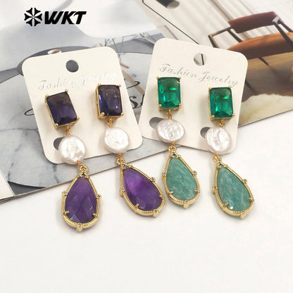ME121 Wholesale Gold Plated Women Gemstones Earrings Jewelry Natural Amazonite Stone WaterBDrop Shape Romantic Ladies Gift