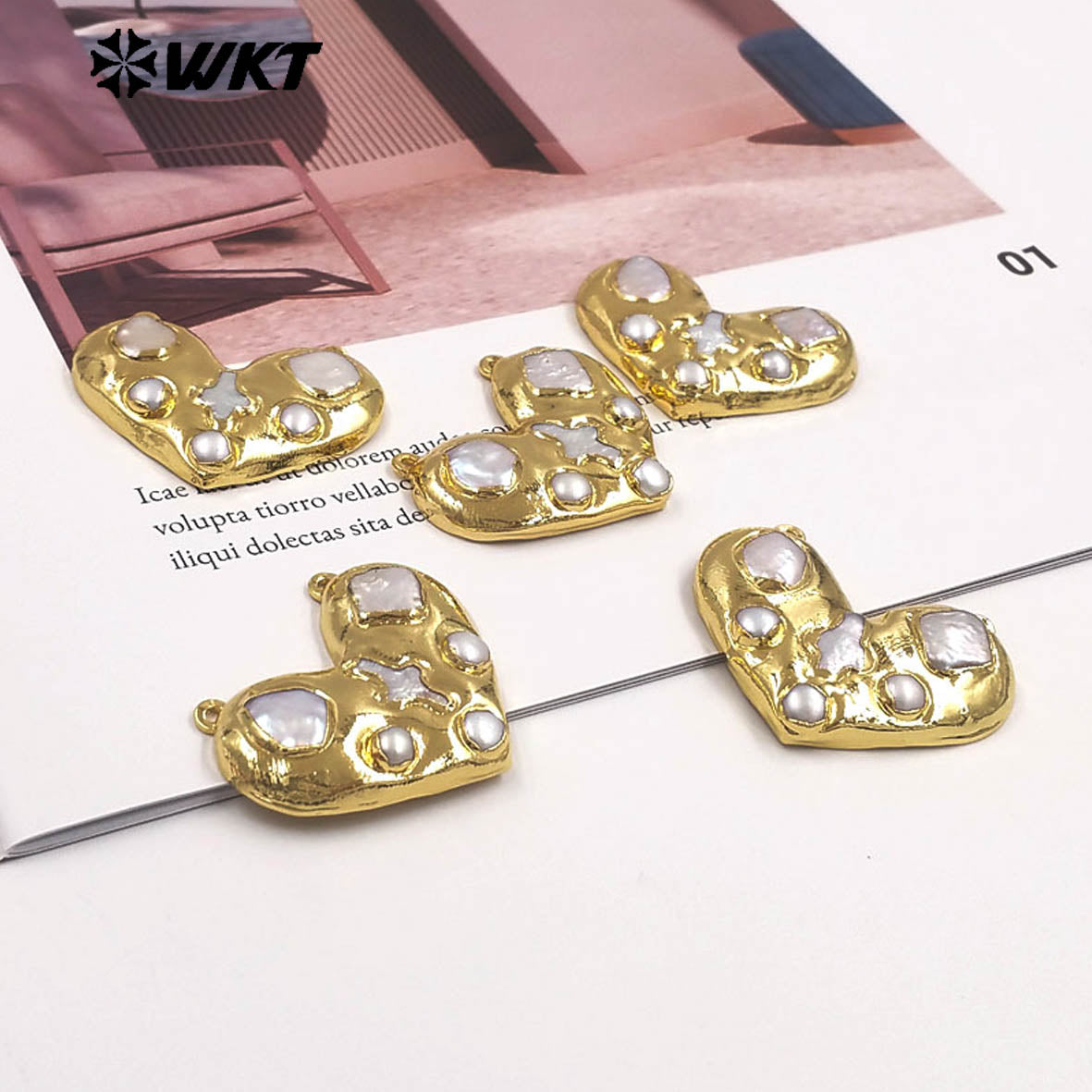 WT-PC019 Romantic Luxury Gold Plated Natural Freshwater Pearl Heart Connector With Double Hoops For Girls Necklace Making