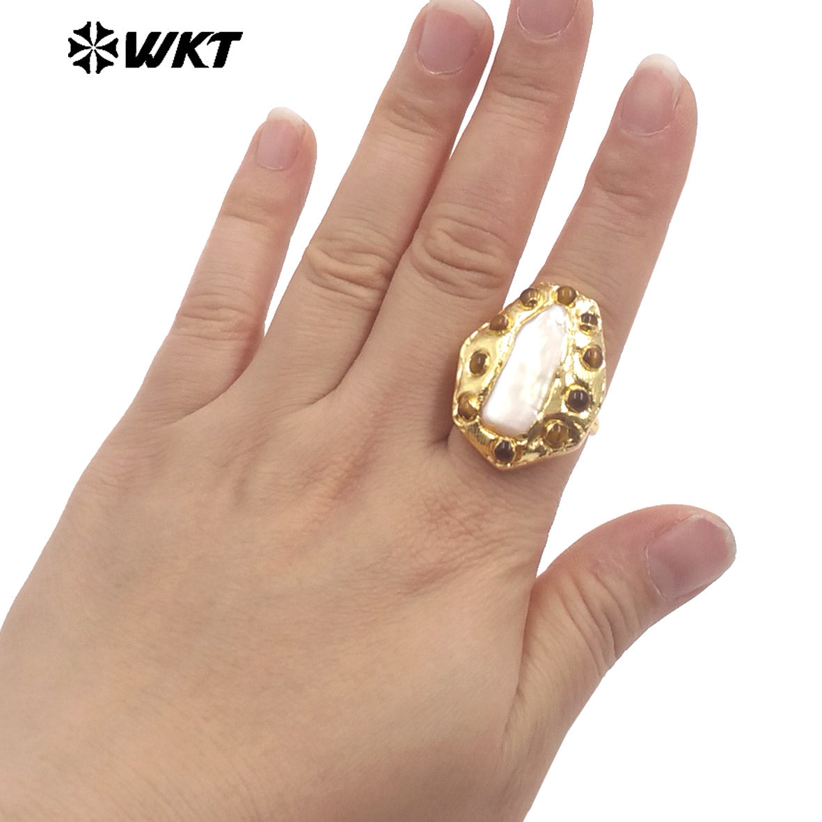 WT-MPR132 Wholesale Punk Style Ring 18K Gold Plated With Natural Stone and Pearl Handmade Daily Ring