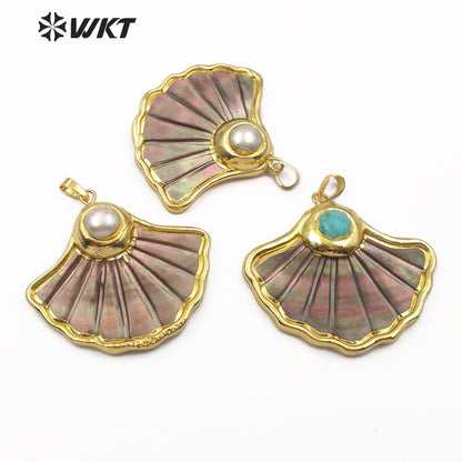 WT-JP102 Dark Shell Scalloped Top with Pearl or Turquoise Embellishment with Two Choices of Gold-plated Shell Pendants