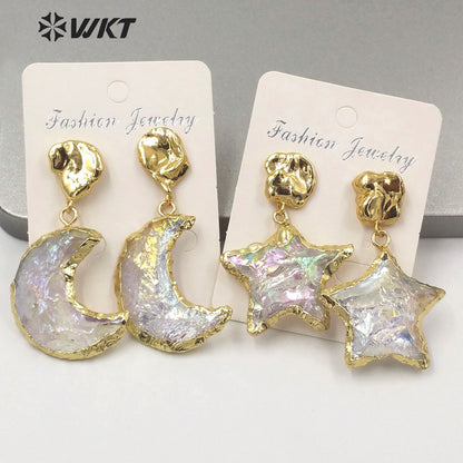 WT-E633 WKT Exclusive Natural Handmade Raw Crystal Quartz AURA Moon Earrings Fashion Gold Electroplated Raw Stone Star Earring