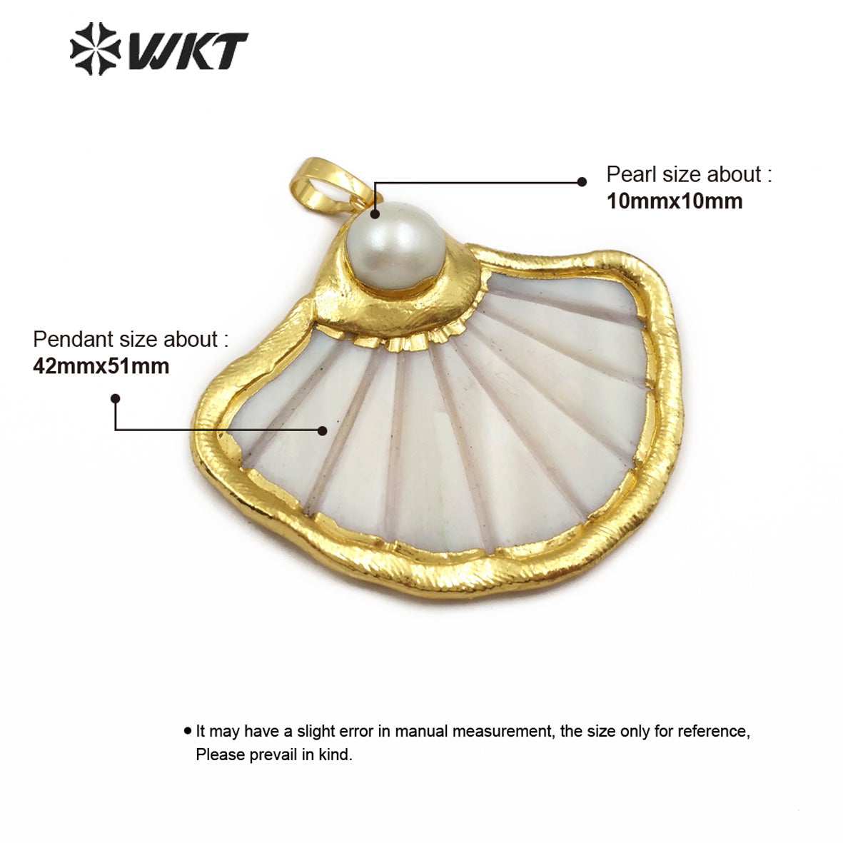 WT-JP153 Wholesale Jewelry White Shell Pendant with Pearl Fan Shape Gold Trim Shell Pendant Hot-selling New Arrival Jewelry