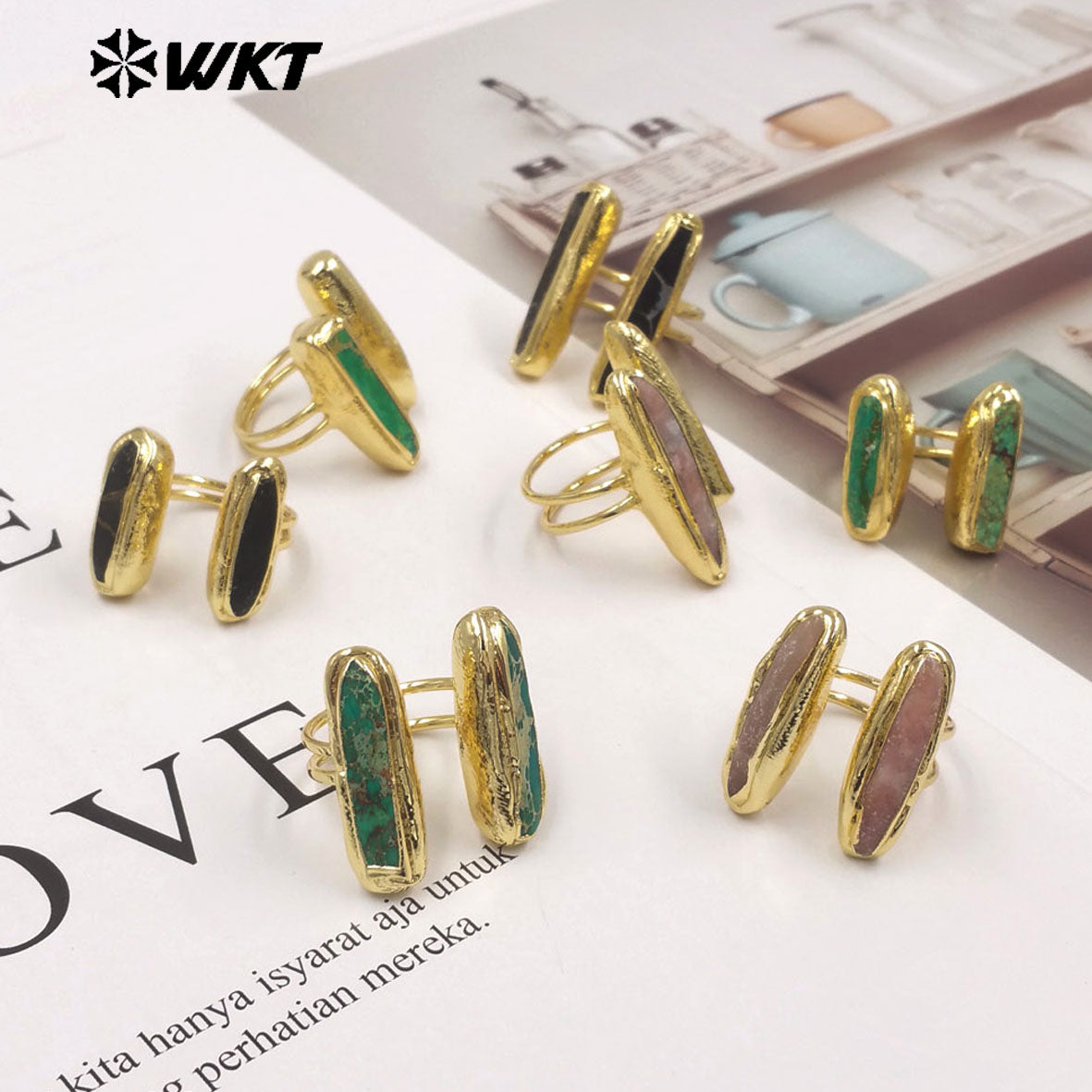 WT-R610 Popular Sale 18K Gold Plated Double Natural Gemstones Rings Adjustable Size As Female Fashion Daily Matching Jewelry