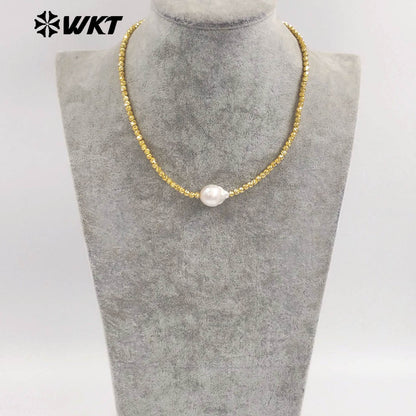 WT-JN333 Classic And Simple Design Gold Plated Beads With Single Baroque Pearl Necklace For Women Luxury Jewelry Gift