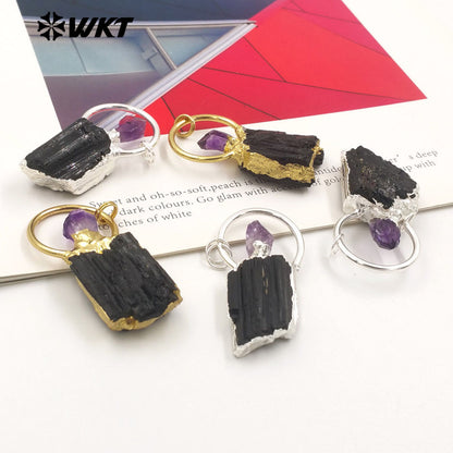WT-P1960 Wholesale Fashion 18K Gold Plated Raw Stone Black Tourmaline With Amethyst Charm Energy Jewelry Pendants