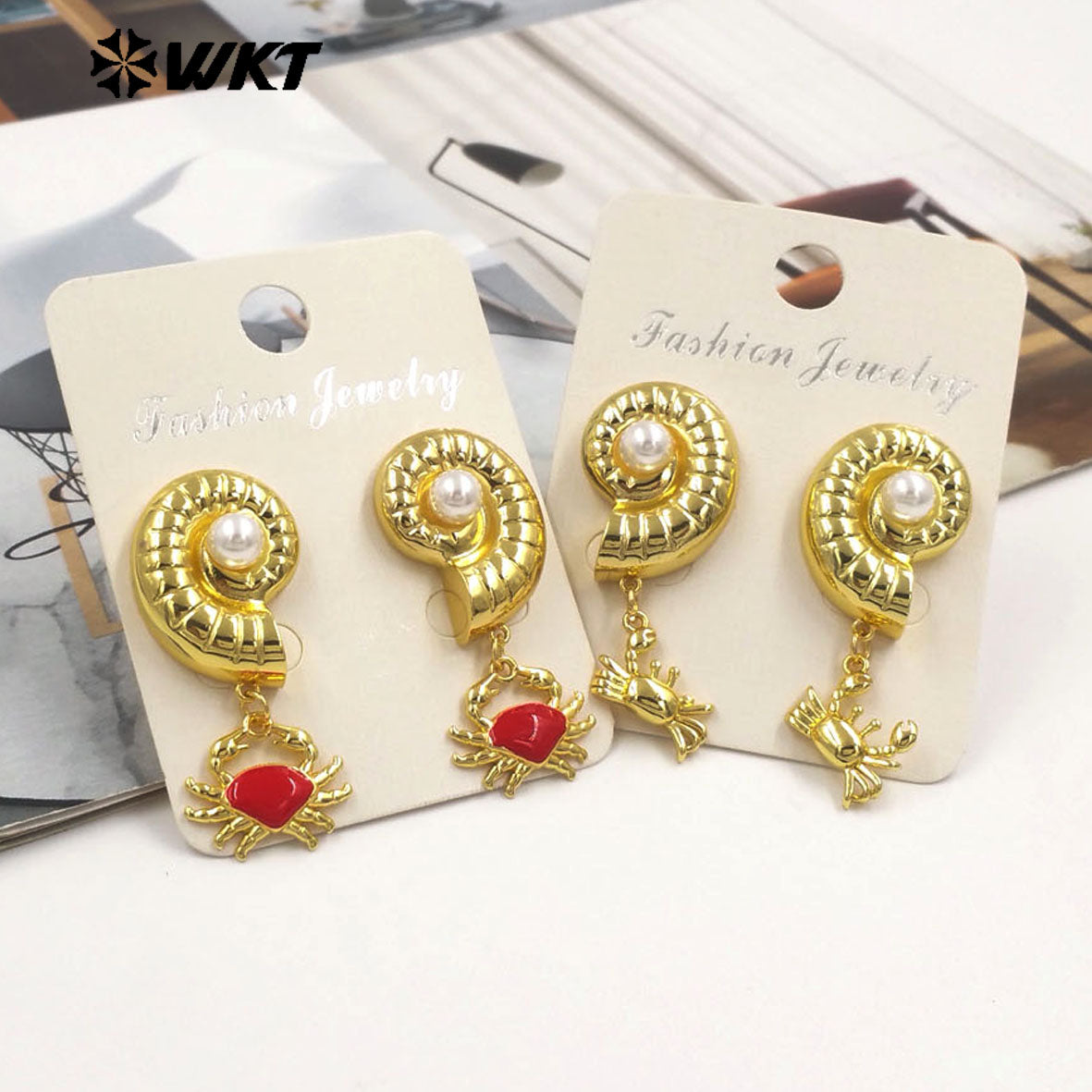 WT-ME133 High Quality Interesting Gold Plated Brass Shell And Crab Charm With Artificial Pearl Earrings For Ladies Party Gift