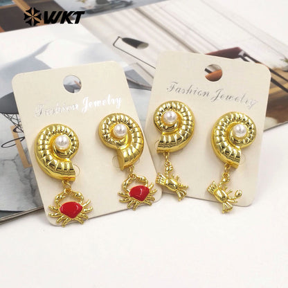 WT-ME133 High Quality Interesting Gold Plated Brass Shell And Crab Charm With Artificial Pearl Earrings For Ladies Party Gift