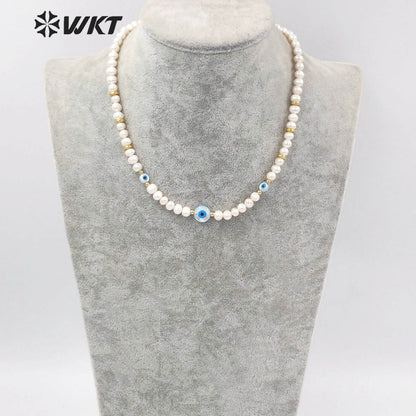 WT-JN201 Fashion Gorgeous Women Hand Strand Pearl Beads Necklace Irregular Potatoes Pearl Eye Charm Necklace in 16 Inch