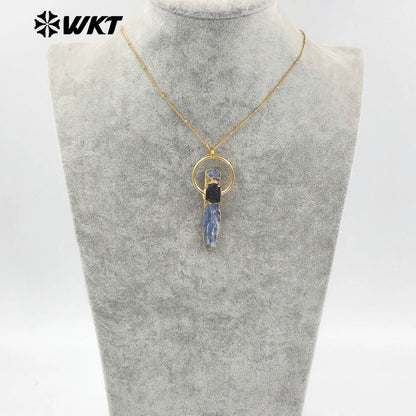 WT-N1471 Wholesale Fashion Design Natural Raw Blue Kyanite With Black Tourmaline Charm Vintage Boho Necklace