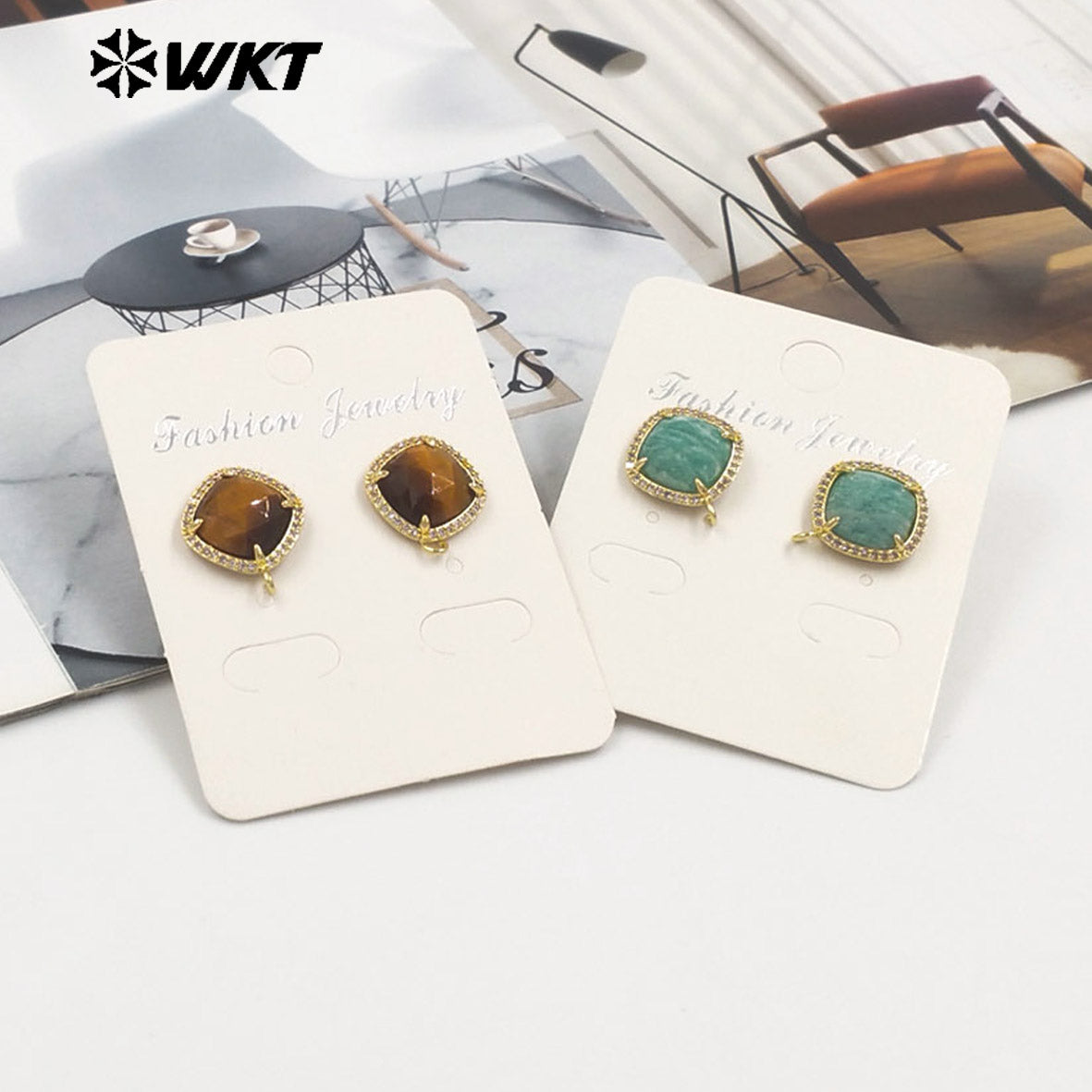 JFE120 Women Popular Fashion Gold Plated 10MM Square Natural Gemstone Amazonite Earring Studs With Hoop for DIY