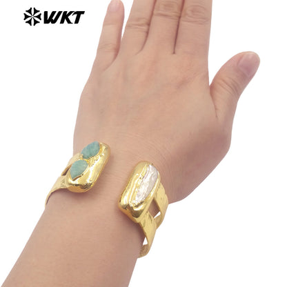 WT-B656 Wholesale Fashion New Gold Plated Resist Tarnishable Multi Stone Setting Freshwater Pearl and Amazonite Bangle