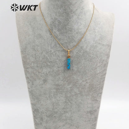 WT-N1164 Natural Blue Vein Turquoise Gold Electroplated Rectangle Shape Pendant Necklace Women Fashion Necklace Jewelry