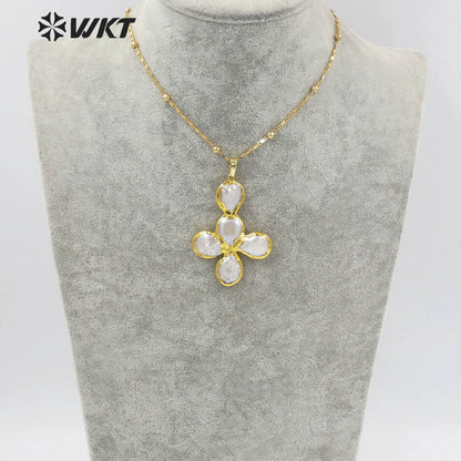 WT-JN168 WKT Drama Style Fashion Design Flower Shape Natural Freshwater Pearl Cross Necklace Jewelry Accessory Necklaces