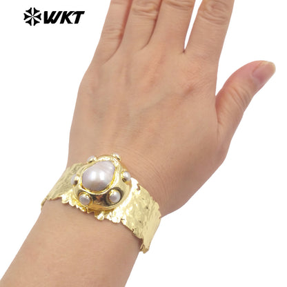 MPB122 Wholesale New Design Vintage Style Natural Big Baroque Pearl Cuff Bracelet Adjustable Size 18K Gold Plated Women Jewelry