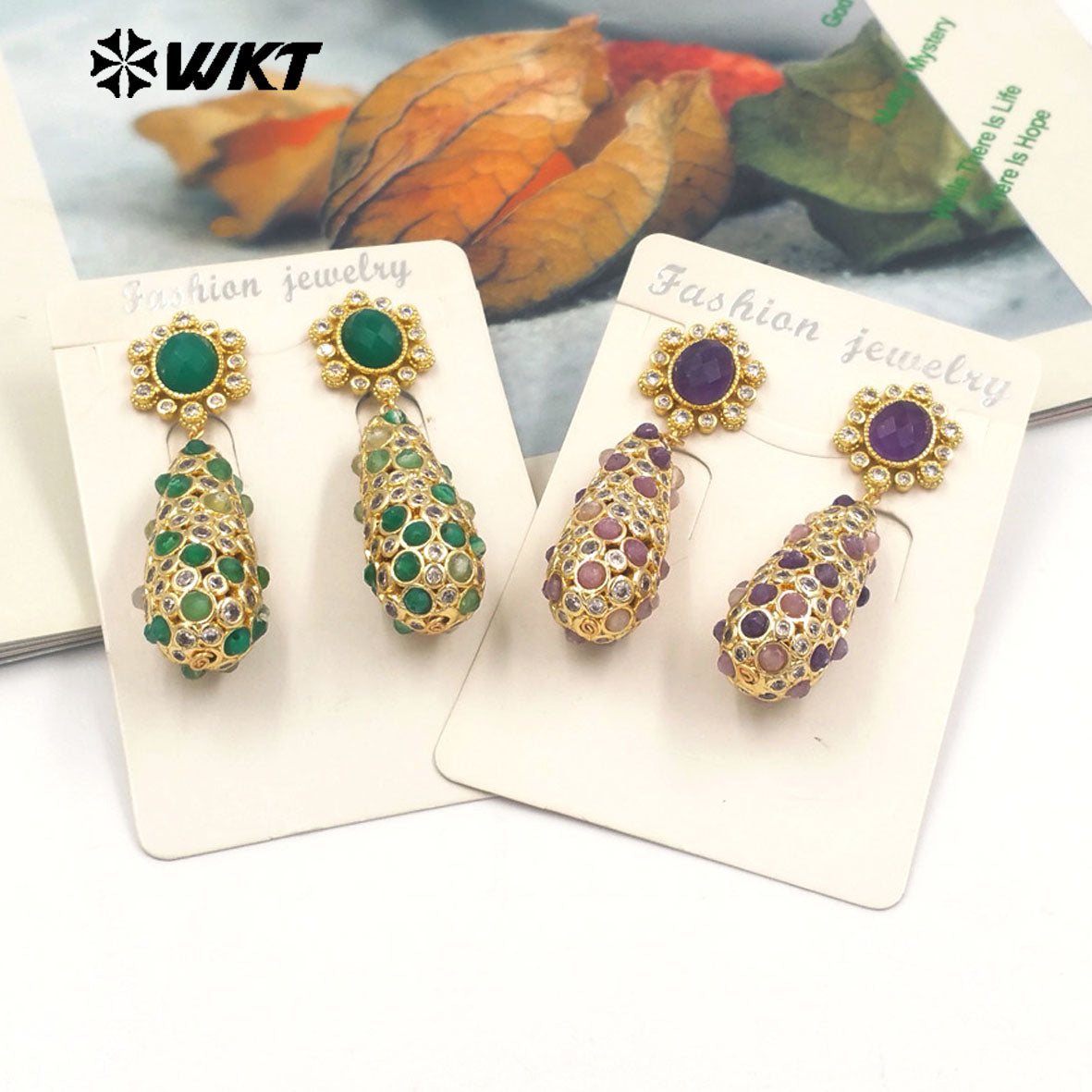 WT-E757 Amazing Popular Fashion Gold Plated Long Dangle Drop With Natural Stond Beads Setting Women Earrings