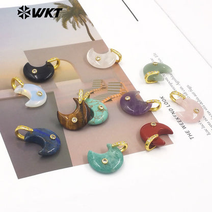WT-P2112 Factory Wholesale Various Natural Gemstones And Zircon Moon Shape Gold Pendants As Lady Sweet Earrings Findings