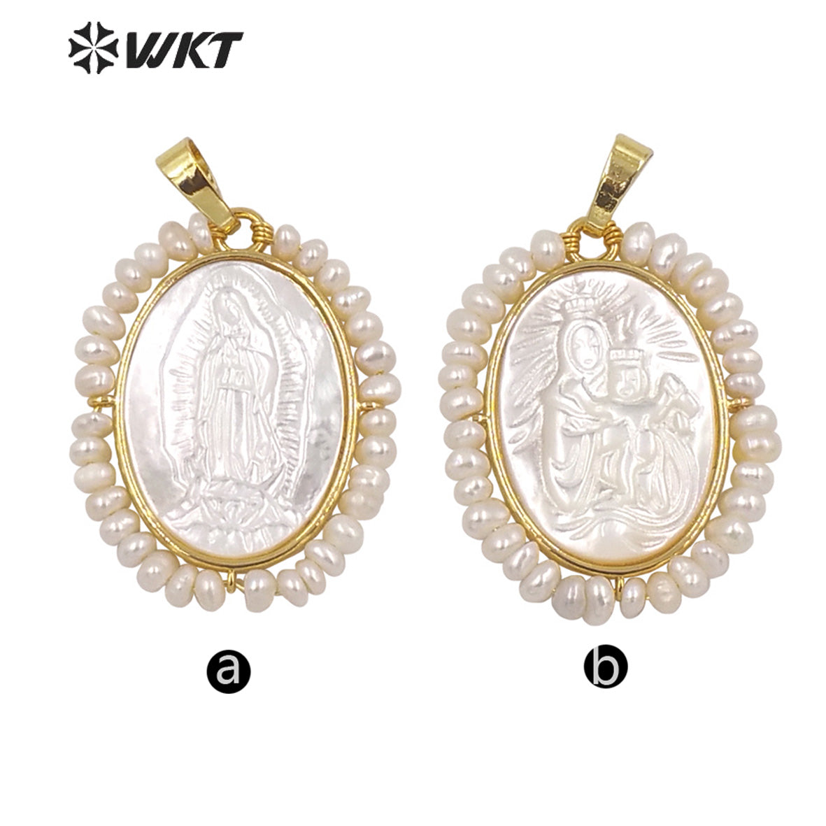 WT-JP255 Amazing White Shell Carved Vintage Marry Pendant Handmade Pearl Charm Wrapped Religions Mother of Jesus Pendants