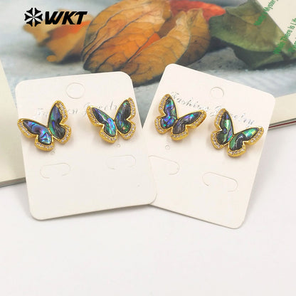 WT-ME110 Exquisite Vivid Butterfly Shape Tiny Zircon Paved Earring With Natural Abalone Shell for Girls Birthday Gifts