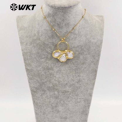 WT-JN298 Explosive New Products Gentle 18K Gold Plated Freshwater Pearl Shell Shaped Pendant Necklace Jewelry Finished for Women