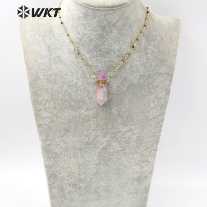 WT-N1234 Wholesales Amazing Natural Purple Stone Essential Oil Bottle Necklace Double Point Quartz Aura Perfume Bottle Necklace