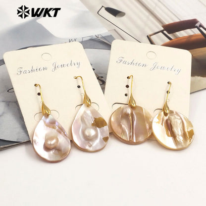 WT-MPE156 High Quality Mother Of Pearl Shell Women Earrings Waterdrop Square Round Shape Gold Color Elegant Style for Gift