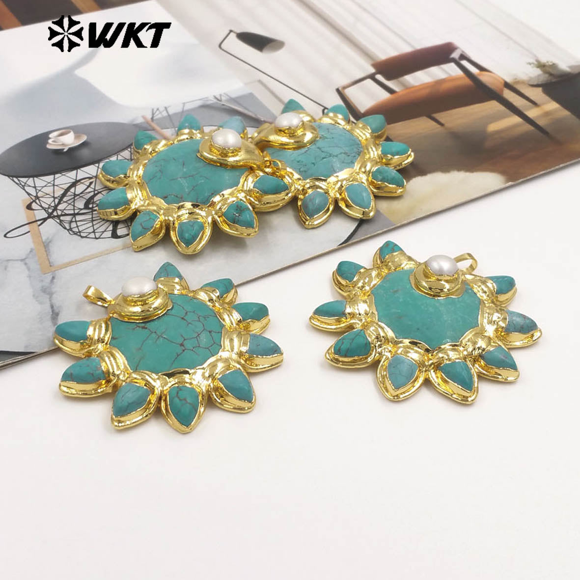 WT-P2032 Wholesale Unique 18K Gold Plated Natural Turquoise And Pearl Sun Shape Pendants For Necklace Making Accessory