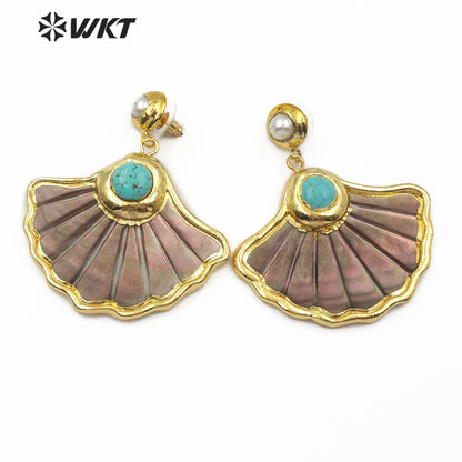WT-E504 Amazing Big Punk Casual Style Natural Scallop Shape Shell Earrings 18k Real Gold Plated Shell with Turquoise Decorative