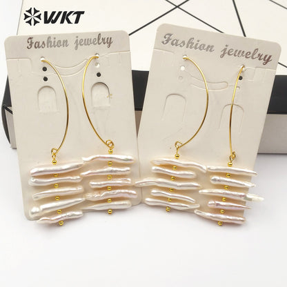 WT-E520 Elegant and Stylish Design Jewelry Earrings Natural Pearl Statement Earring 5 Irregular Strips of Pearls Earring