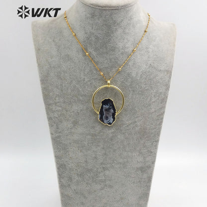 WT-N1165 Natural Druzy Geode Agate Necklace Gold Plated Irregular Shape Stone Pendant Necklace Women Fashion Necklace Jewelry