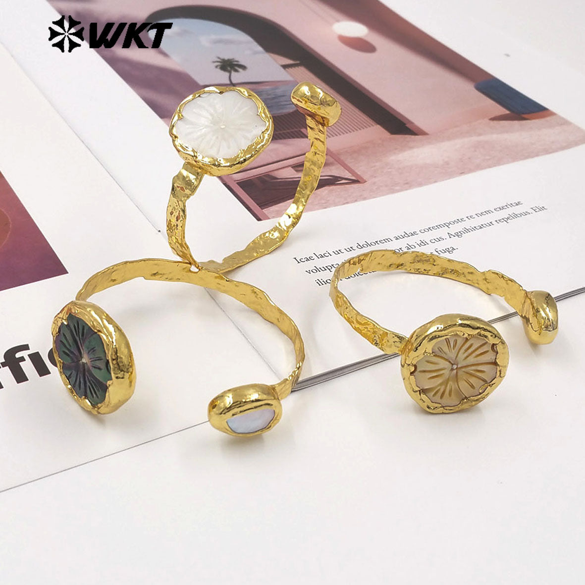 MPB140 Amazing 18K Gold Electroplated Natural Pearl And Shell Carved Flower Shape Cuff Bangles For Women Fashion Jewelry