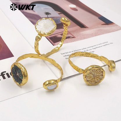 MPB140 Amazing 18K Gold Electroplated Natural Pearl And Shell Carved Flower Shape Cuff Bangles For Women Fashion Jewelry
