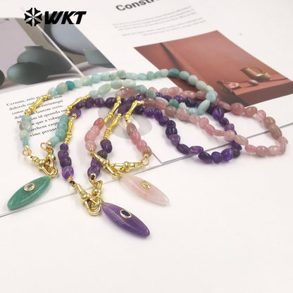 WT-N1521 Beautiful Fashion Metal Splicing Stone Beads Chain With Natural Gemstones Long Pendant Necklaces As Female Matching