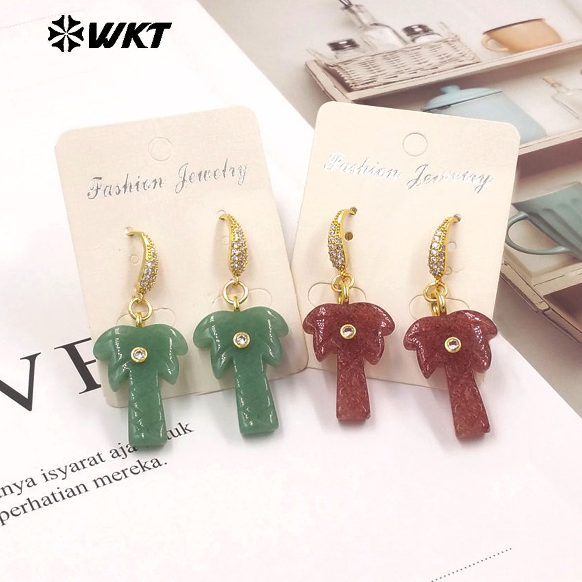 WT-E814 Beautiful Various Natural Gemstones Coconut Tree Shape Gold Pendant Earrings For Girls Summer Matching Jewelry