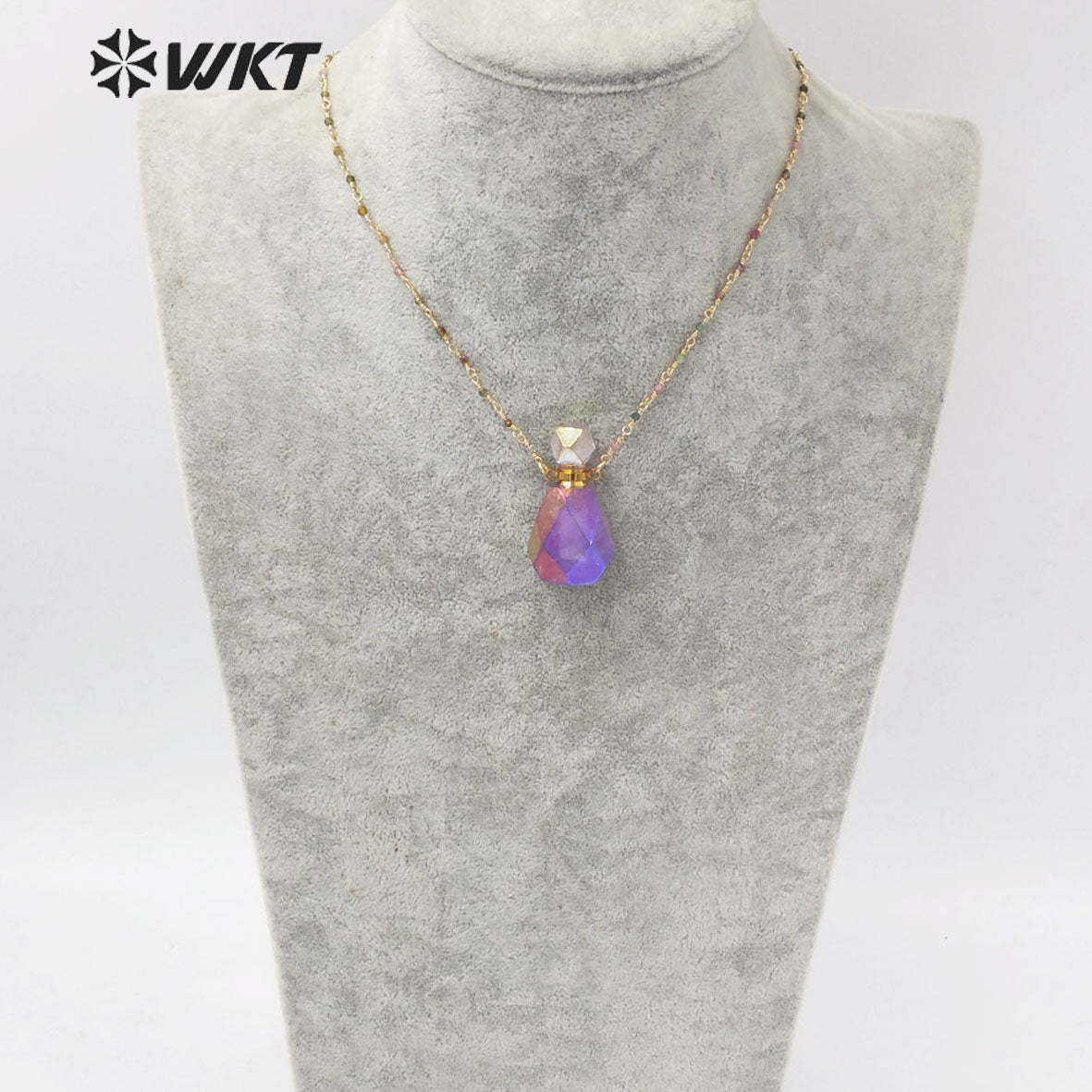 WT-N1236 Amazing Gorgeous Light Purple Titanium Coated Natural Stone Perfume Bottle Necklace Rosary Beads Bottle Necklace