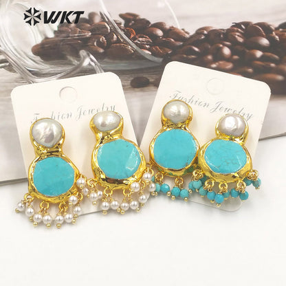 WT-MPE117 Elegant Vintage Women 18K Gold Plated Round Faceted Turquoise With Dangling Tiny Beads Pearl Earring Studs