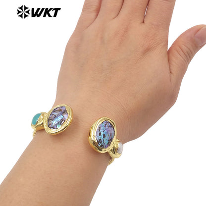 MPB138 Fashion Luxury 18K Gold Plated Natural Shell With Stone And Pearl Cuff Bangles As Women Boho Style Jewelry Gifts