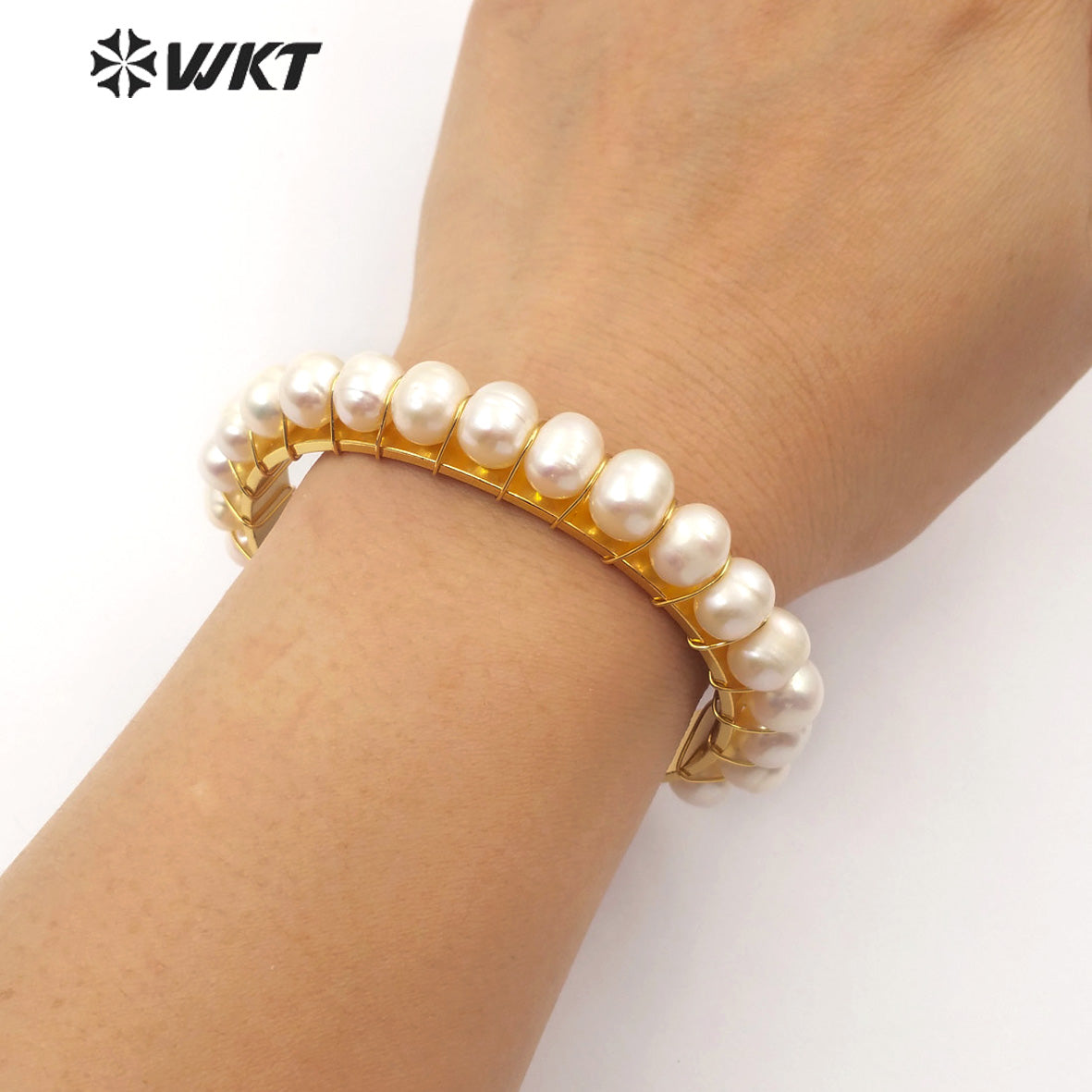 WT-B474 Women Gold Bangle Jewelry Natural Multi-pearl Bangle Pale Pink Rose Golden Pearl Bangle
