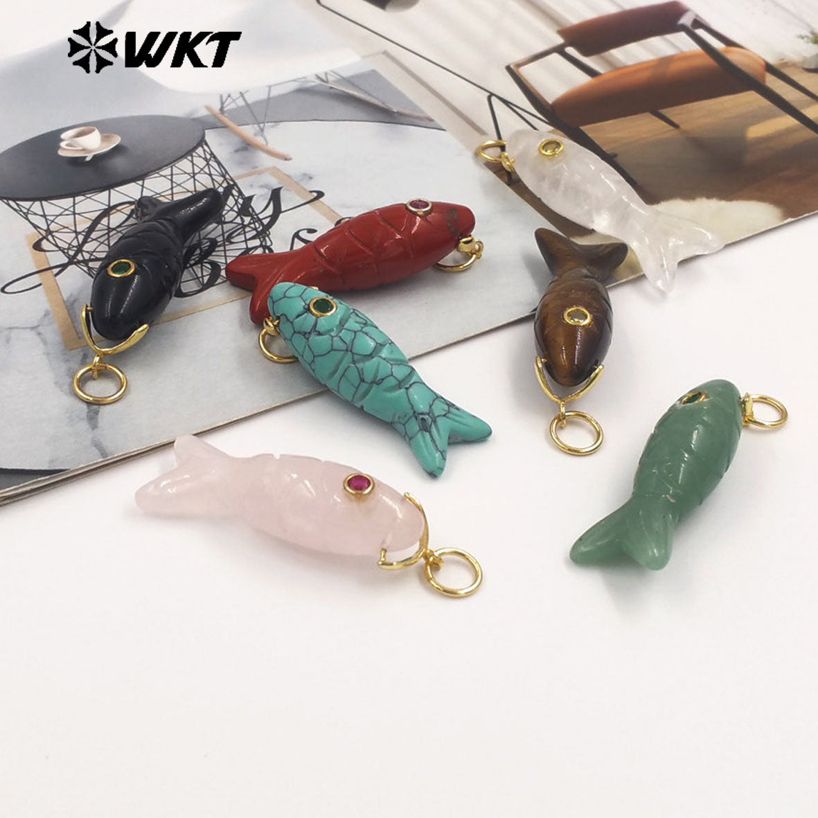 WT-P2069 Cute Design Zircon And Natural Gemstones Hand Carved Fish Shape Little Pendants For Lady Jewelry DIY Accessory