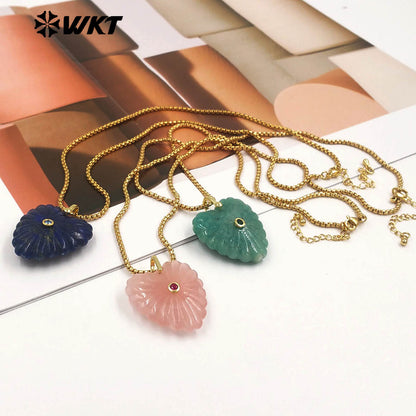 WT-N1524 Romantic Design Gold Chain And Various Natural Gemstones Carved Heart Shape Pendant Necklaces As Valentines’s Day Gift