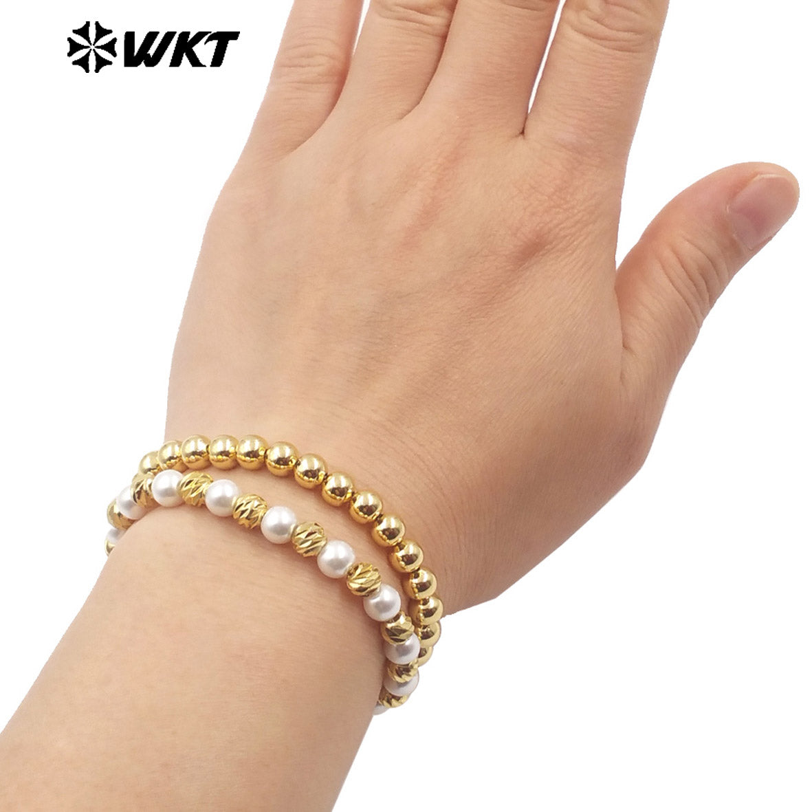 WT-JF352 Wholesale Fashion 18K Gold Plated Pearl and Hammer 6mm Beads Hand Strand Chain Bracelet