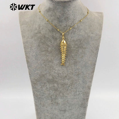 WT-N1515 Exquisite Thin Beads Chain Gold Electroplated Yellow Brass Fish Shape Pendant Necklace For Friends New Year Gift