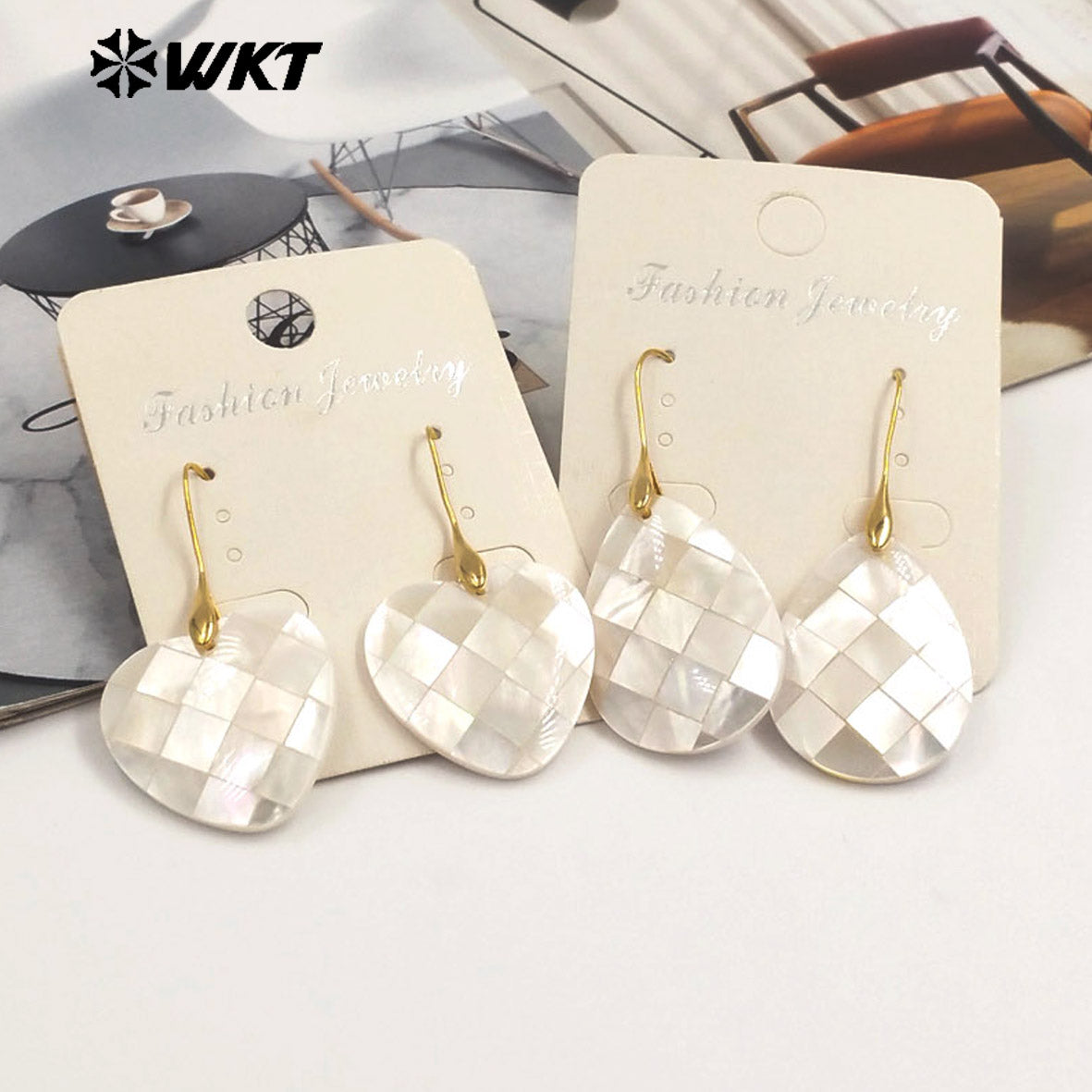 WT-MPE154 Wonderful Wholesale Mother of Pearl Shell Earrings Gold Color Heart Waterdrop Cross Moon Shape Women Birthday Gift
