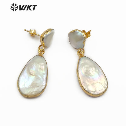 WT-E489 White Pearl Jewelry With Gold Electroplated Bridal Pearl in Teardrop Shape Natural Freshwater Pearl Earring Drop Earring