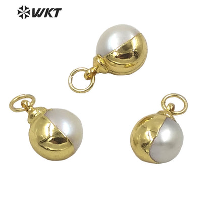WT-JP250 WKT Secret Series Design Gorgeous Women Half Gold Electroplated Round Pearl Charm Pendant 10mm White Tiny Pearl Pendant