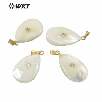 WT-JP223 Wholesale Natural Water Drop White Shell Pendant Single Loop Natural Shell Teardrop Shape Charm Pendant with CZ